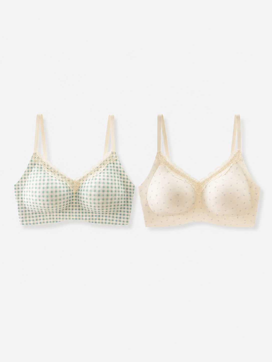 Soft Noir Floral Check Soft Wireless Bra in mint check + ivory pair for refined lingerie styling