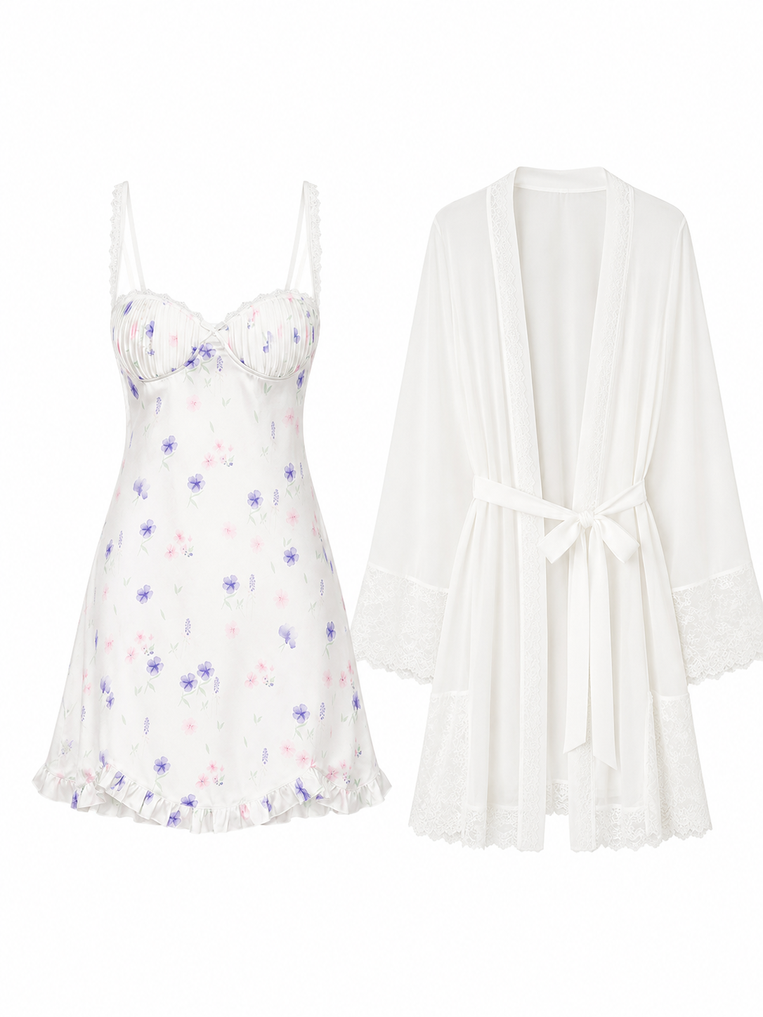 Soft Noir floral slip nightdress and matching white lace robe set on white background