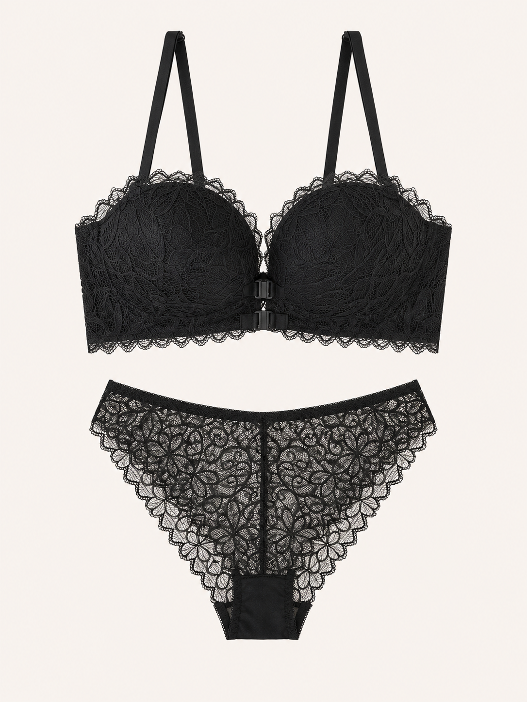 Soft Noir Front-Clasp Lace Bra Set in black for refined lingerie styling