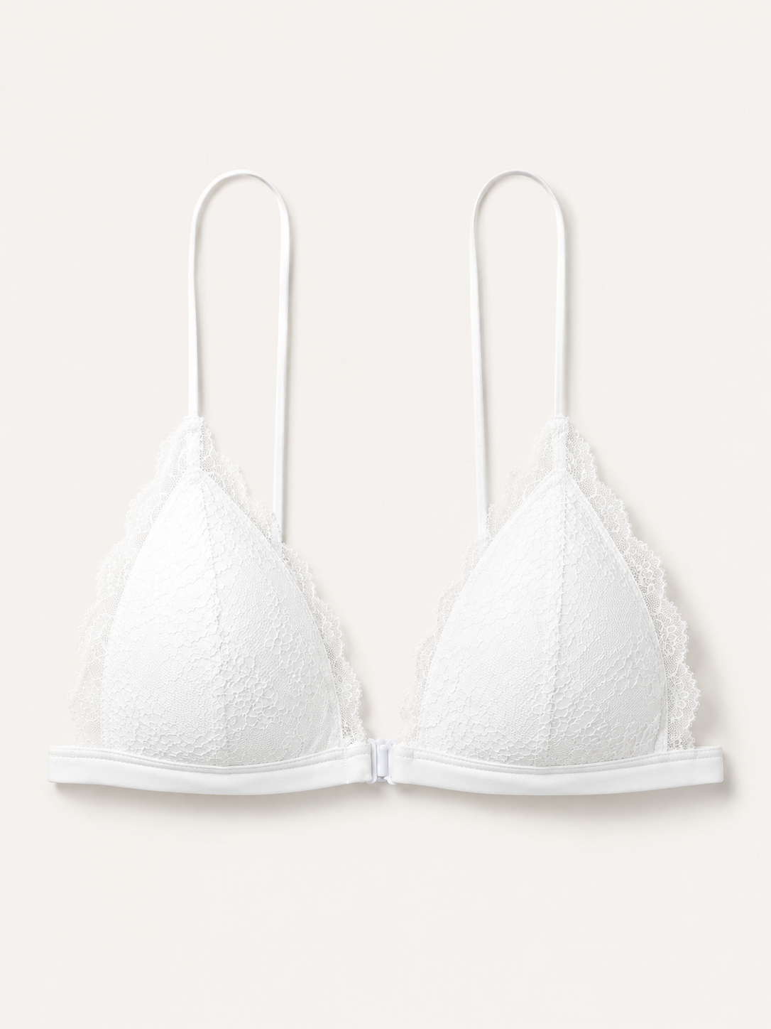 Soft Noir Front-Clasp Lace Triangle Bra in white for refined lingerie styling