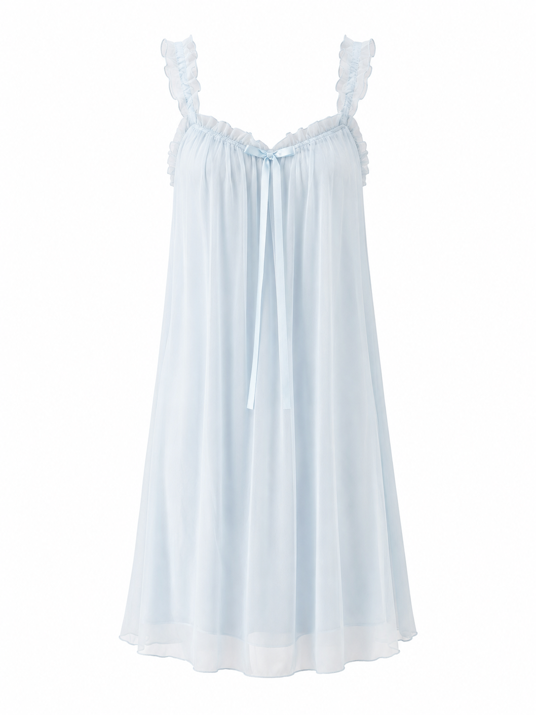 Soft Noir ice blue sheer ruffle mesh nightgown on white background
