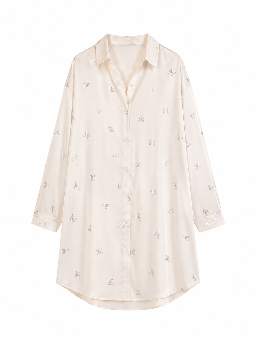 Soft Noir ivory butterfly satin sleep shirt on white background