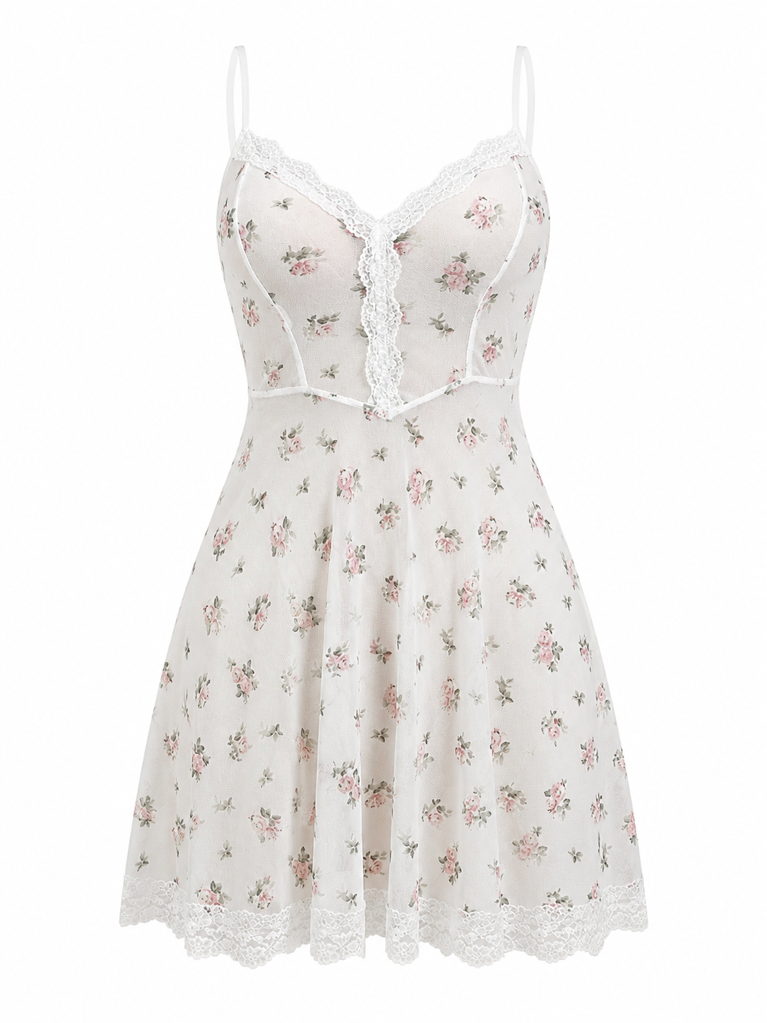 Soft Noir ivory floral lace cami nightdress with rose print on white background