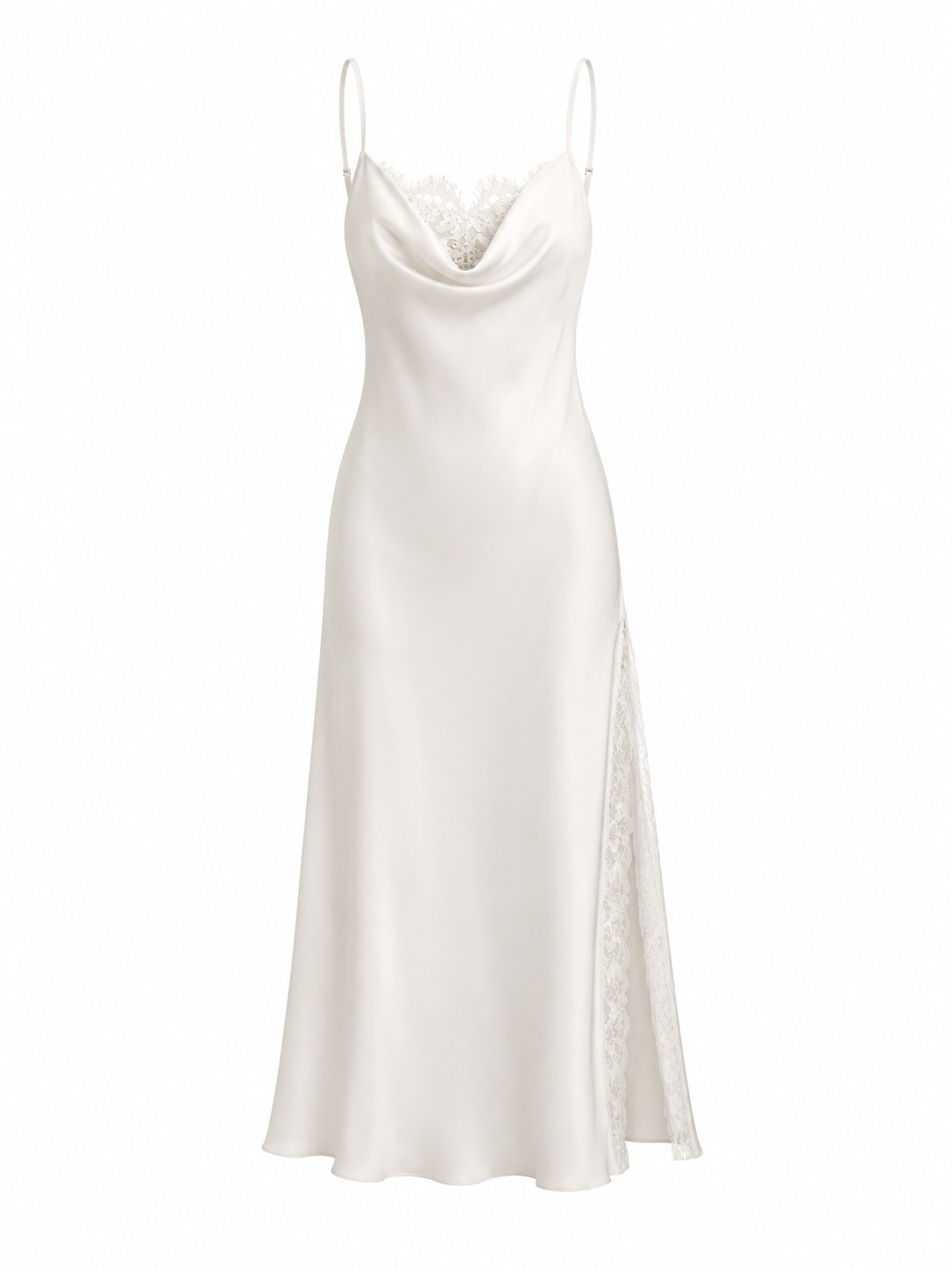 Ivory satin midi slip dress with lace cowl neckline and side slit on white background