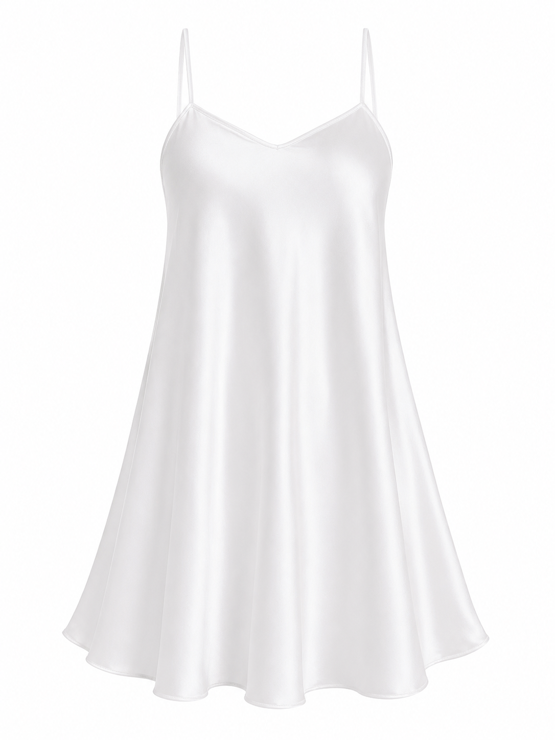 Ivory satin chemise nightgown with slim straps on white background