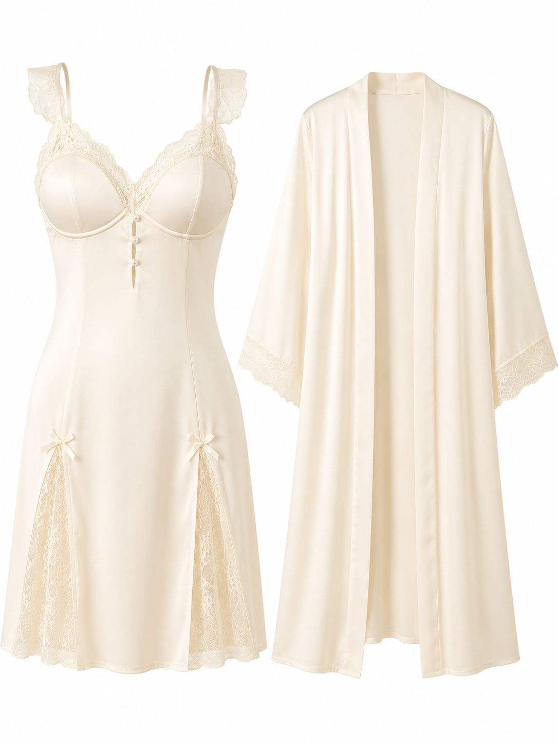 Model wearing Soft Noir wine purple satin lace chemise nightdress with matching robe