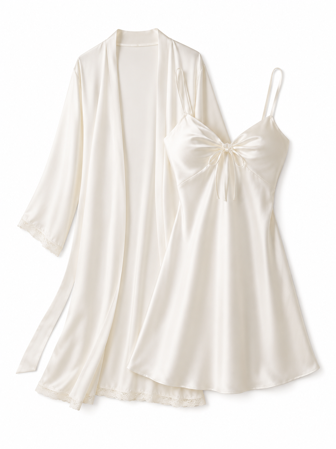 Soft Noir ivory white satin chemise and matching robe set