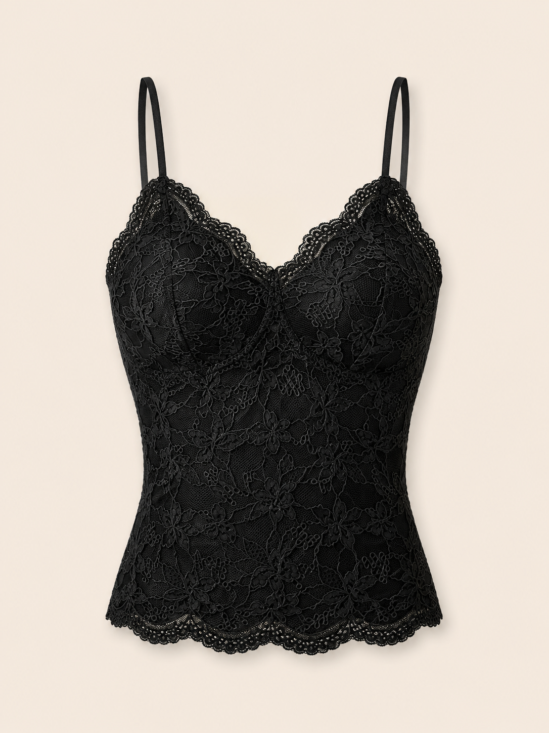 Soft Noir Lace Built-In Bra Camisole in black for refined lingerie styling