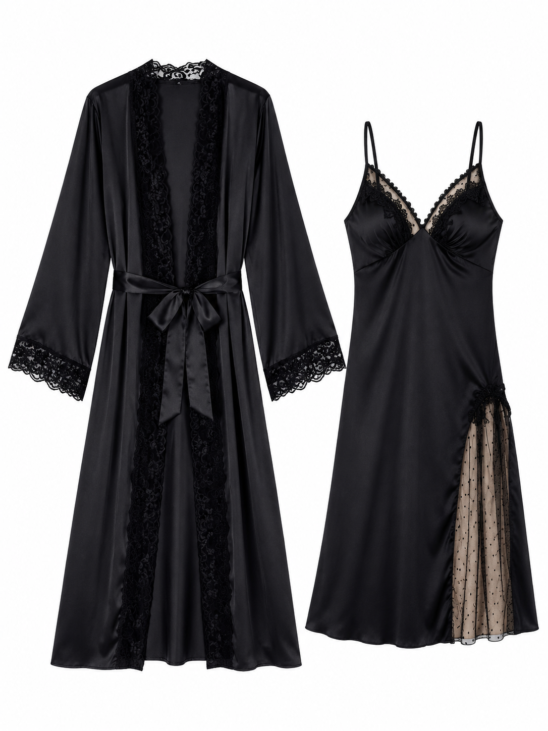 Black lace satin robe and matching chemise set on white background