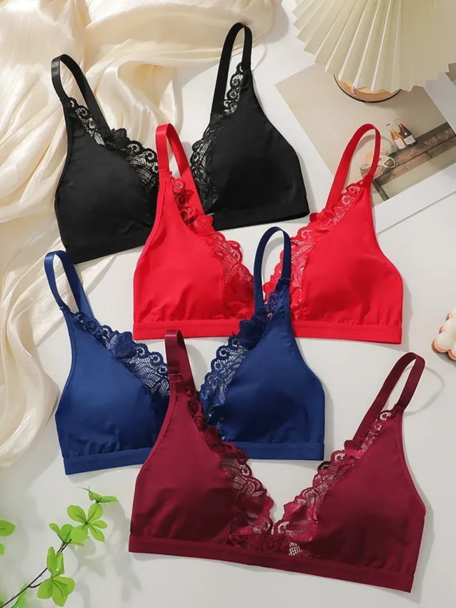 Soft Noir lace trim wireless bralette in black red navy and burgundy color options