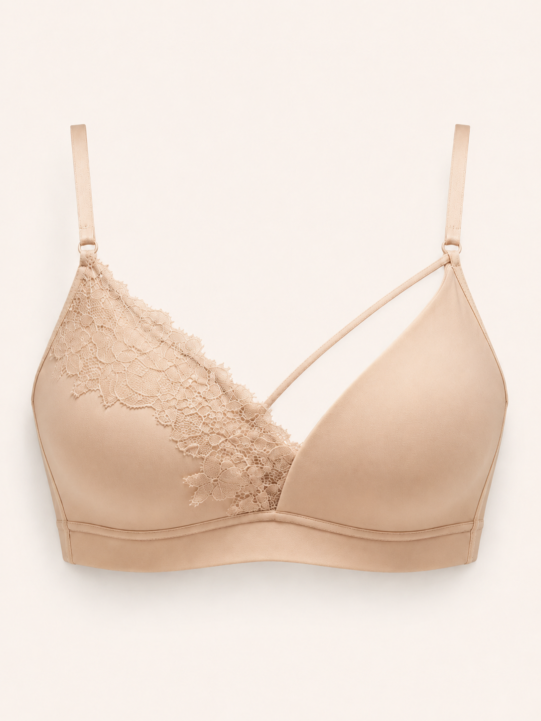 Soft Noir Lace V-Frame Wireless Bra Set in nude beige for refined lingerie styling