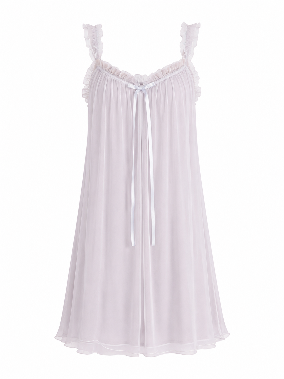 Soft Noir lavender sheer ruffle mesh nightgown on white background