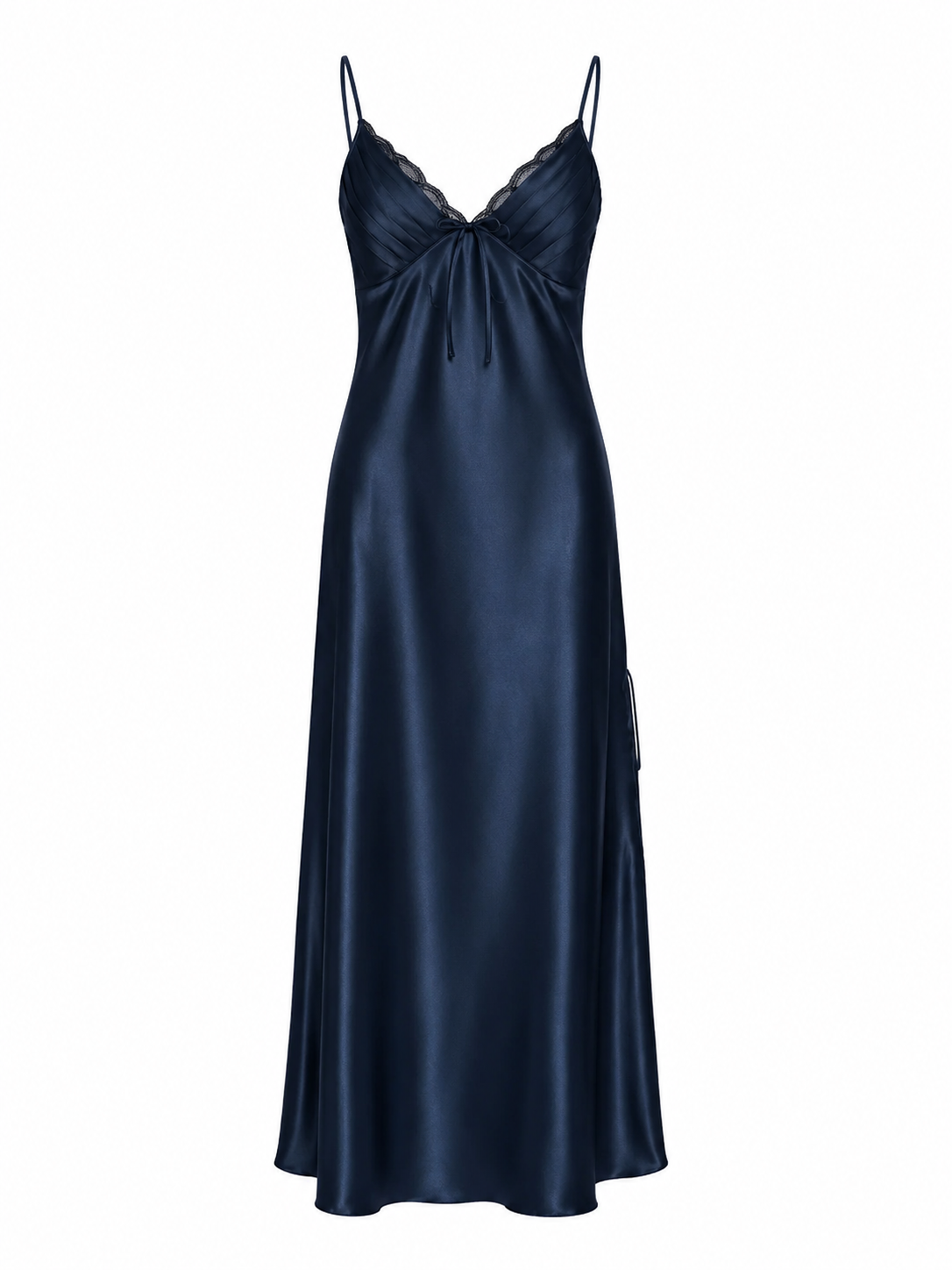 Midnight navy satin slip nightgown with lace trim and bow front