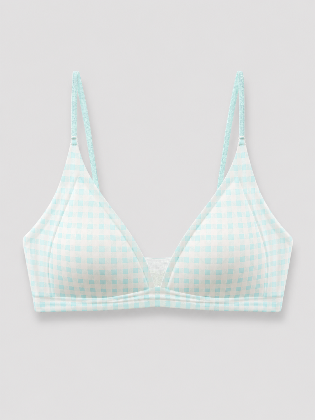 Soft Noir Milk Satin Triangle Wireless Bra in mint check for refined lingerie styling