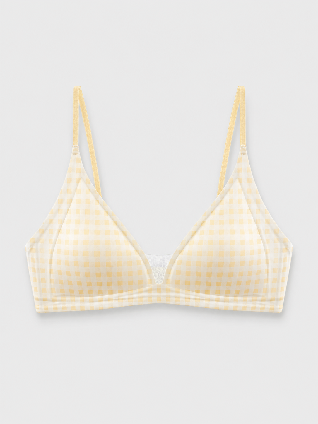 Soft Noir Milk Satin Triangle Wireless Bra in pale yellow check for refined lingerie styling
