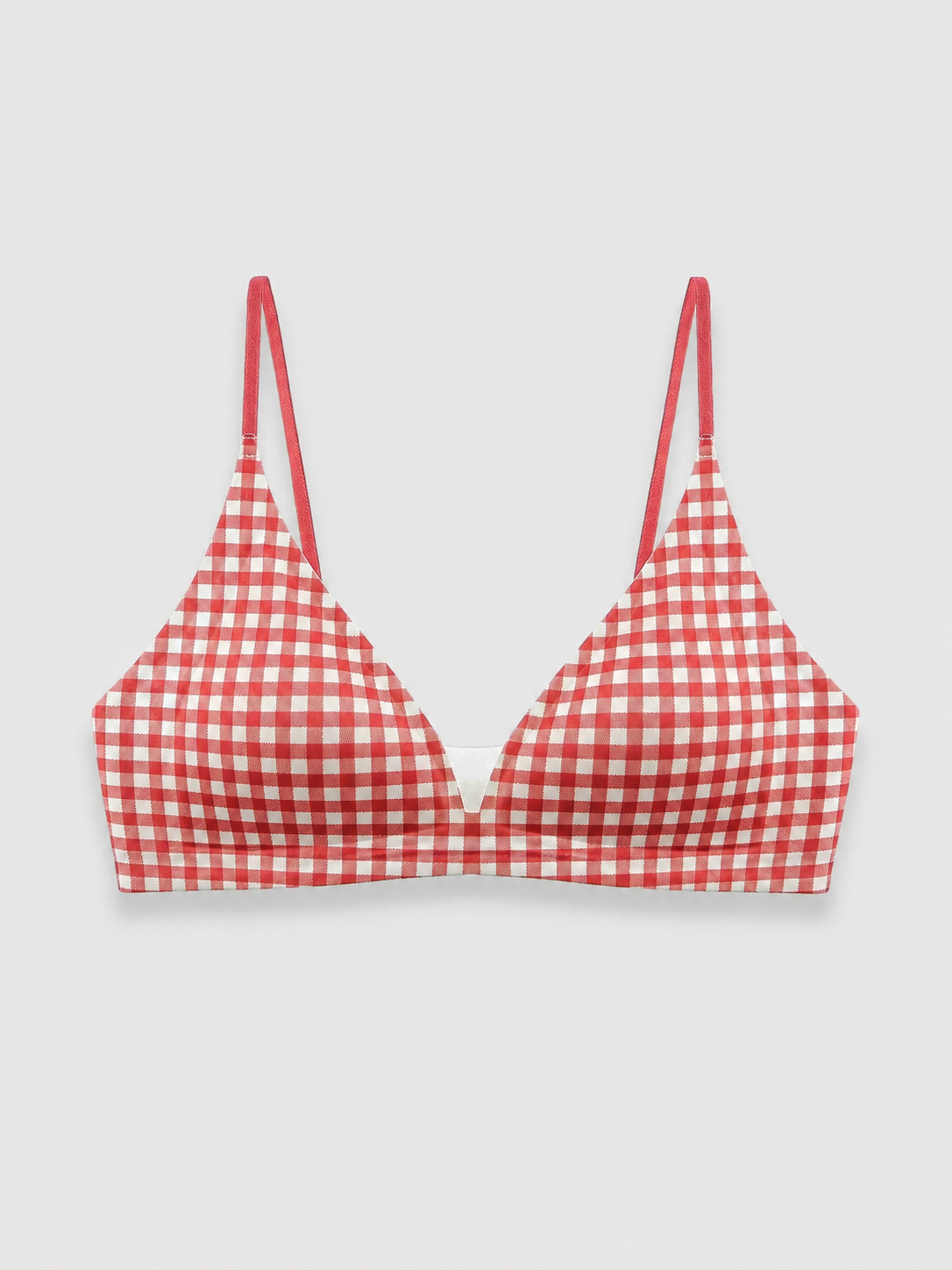 Soft Noir Milk Satin Triangle Wireless Bra in red check for refined lingerie styling