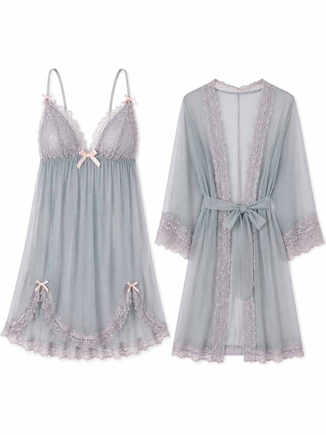 Soft Noir mist blue sheer lace babydoll and robe sleepwear set