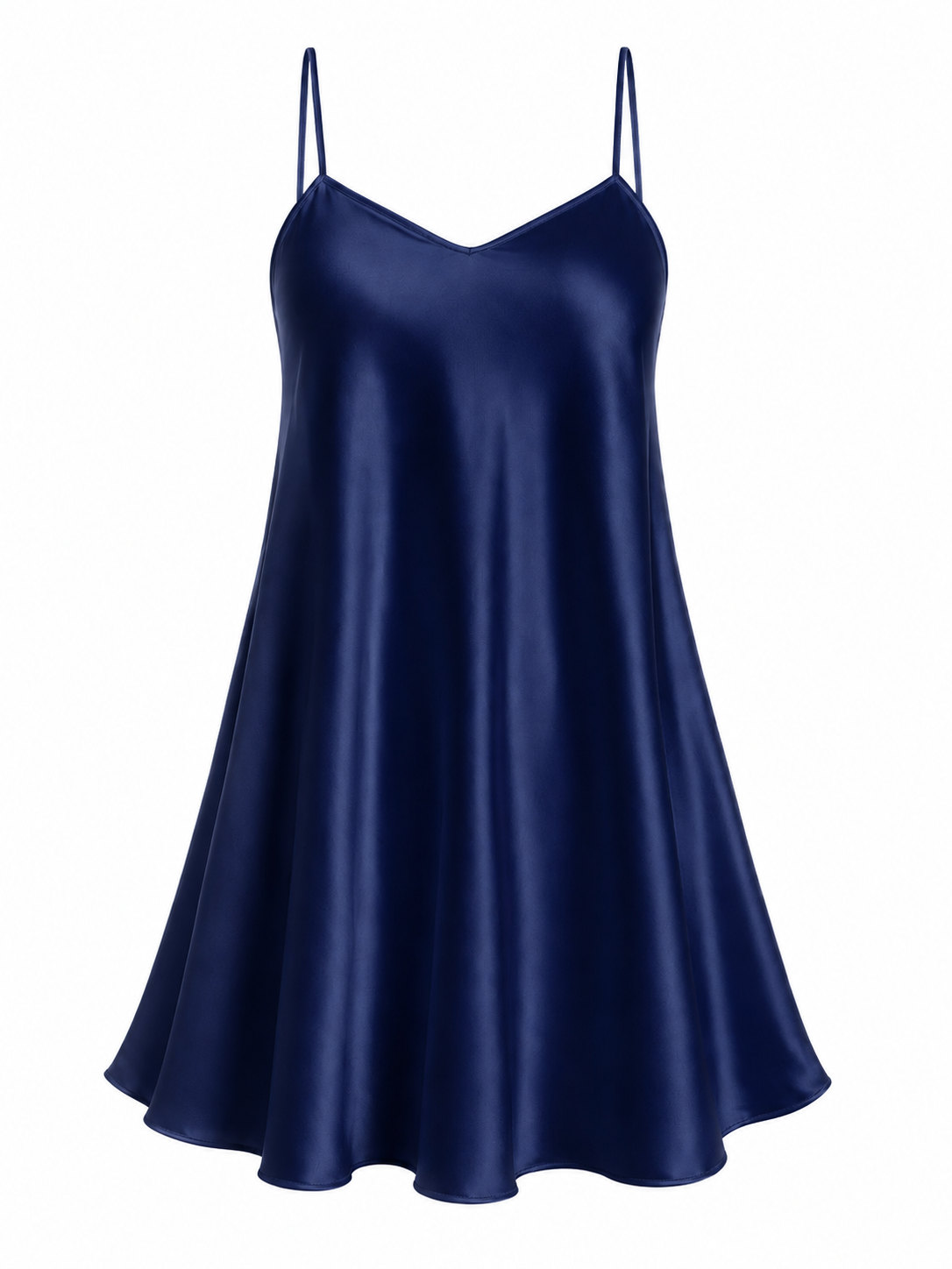 Navy blue satin chemise nightgown with spaghetti straps on white background