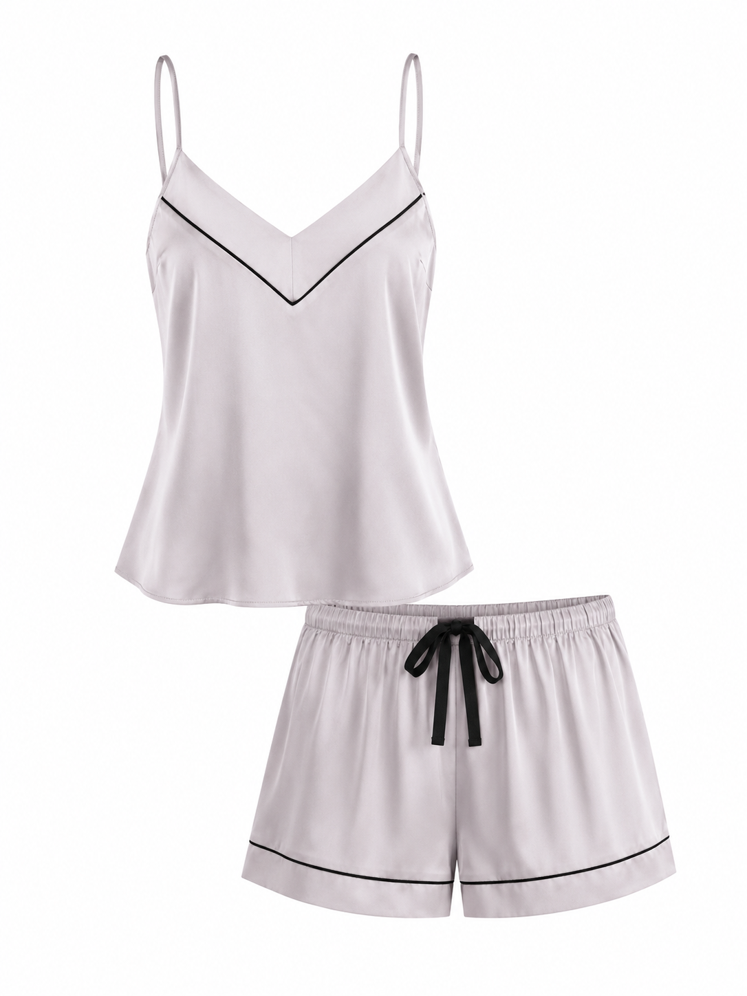 Pearl gray satin cami and shorts pajama set with black piping on white background
