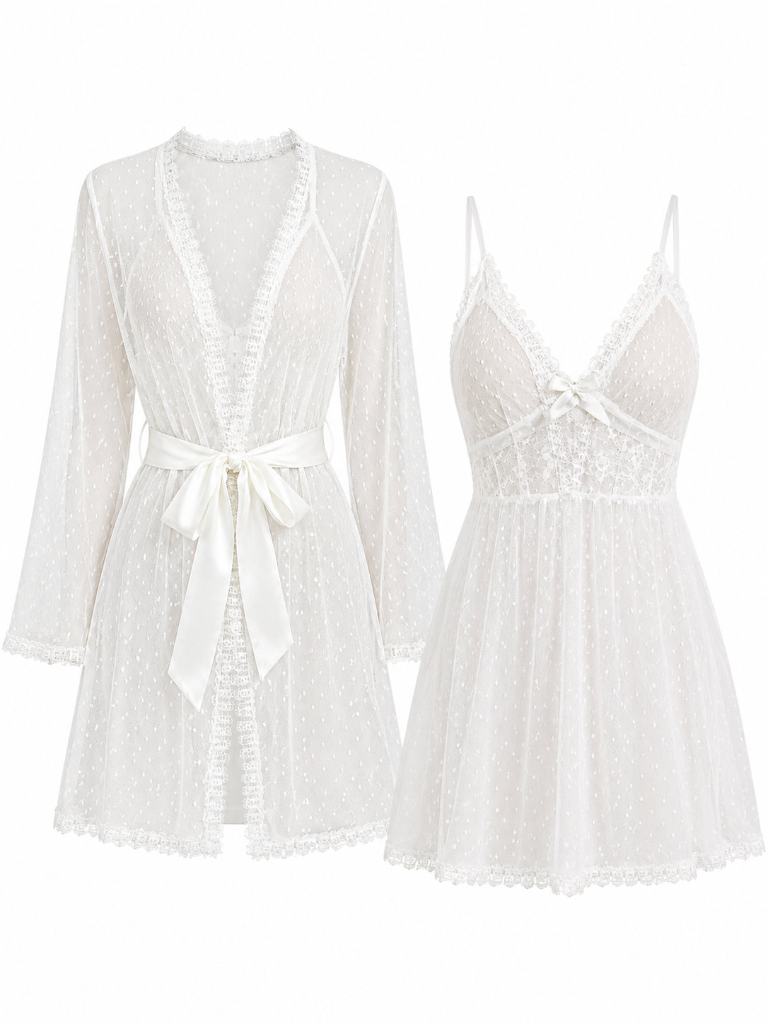Soft Noir pearl white dotted mesh lace slip dress and matching robe set on white background