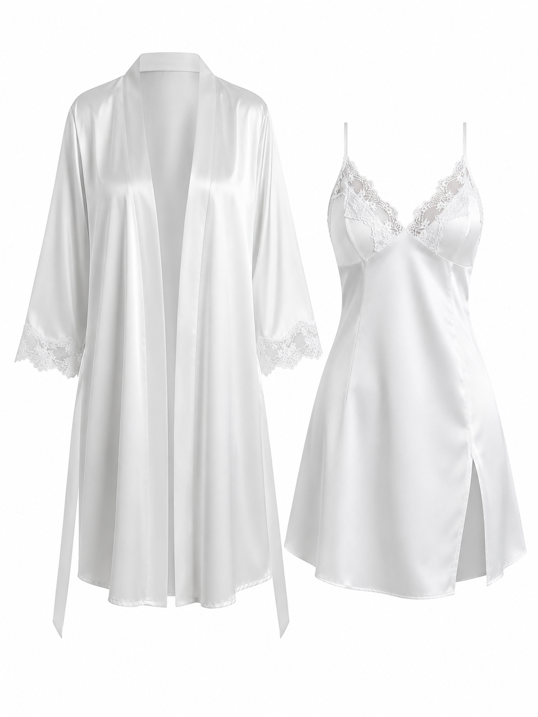 Soft Noir pearl white satin lace slip dress and matching robe set on white background