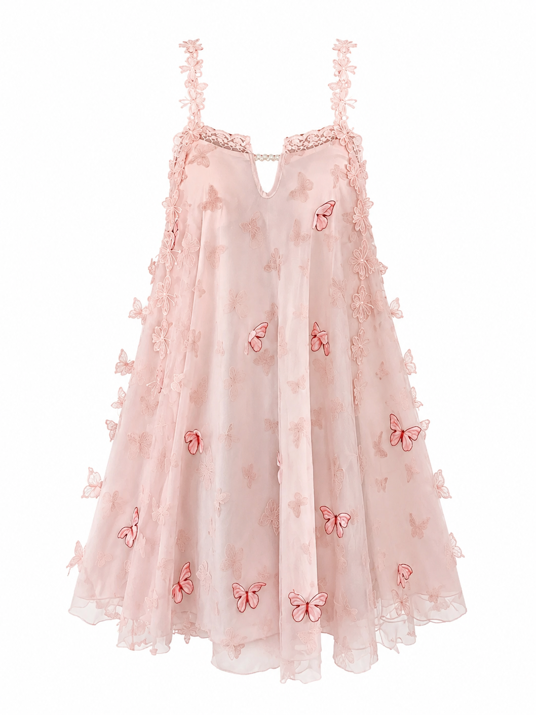 Soft Noir pink butterfly embroidered mesh babydoll nightgown on white background