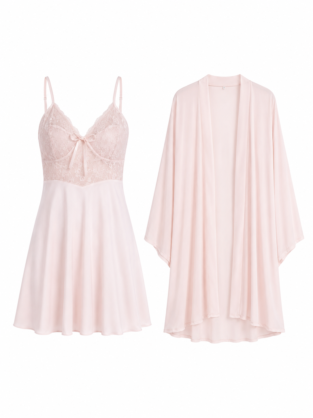 Soft Noir pink lace slip nightdress and matching robe set on white background