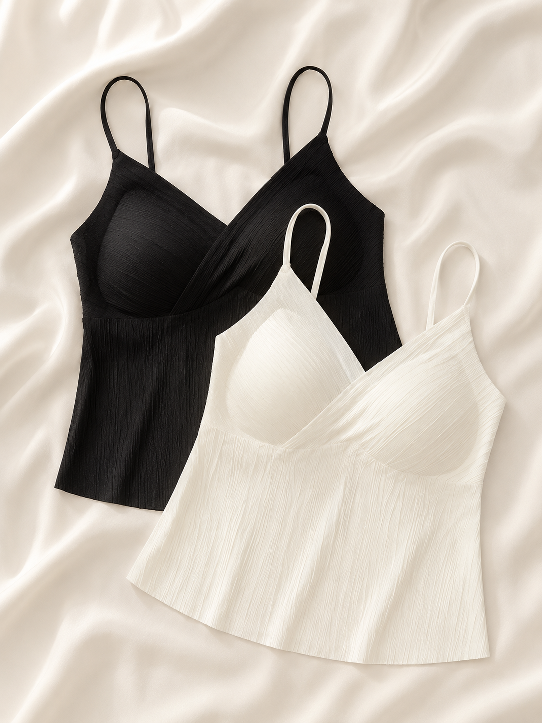 Soft Noir Pleated Built-In Bra Camisole in black and ivory for refined lingerie styling