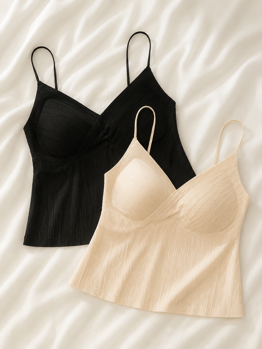 Soft Noir Pleated Built-In Bra Camisole in black and nude for refined lingerie styling