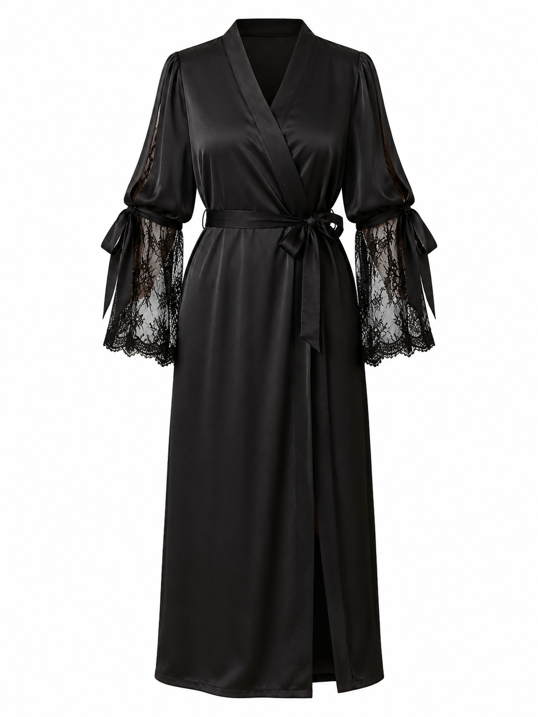 Soft Noir plus size black satin lace sleeve long robe on white background