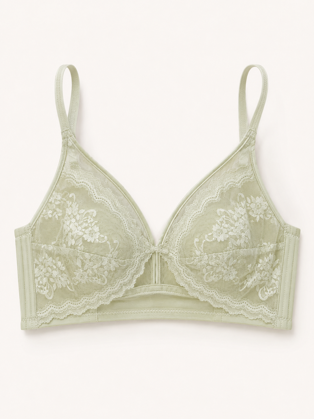 Soft Noir Plus Size Lace Soft Wireless Bra in sage green for refined lingerie styling