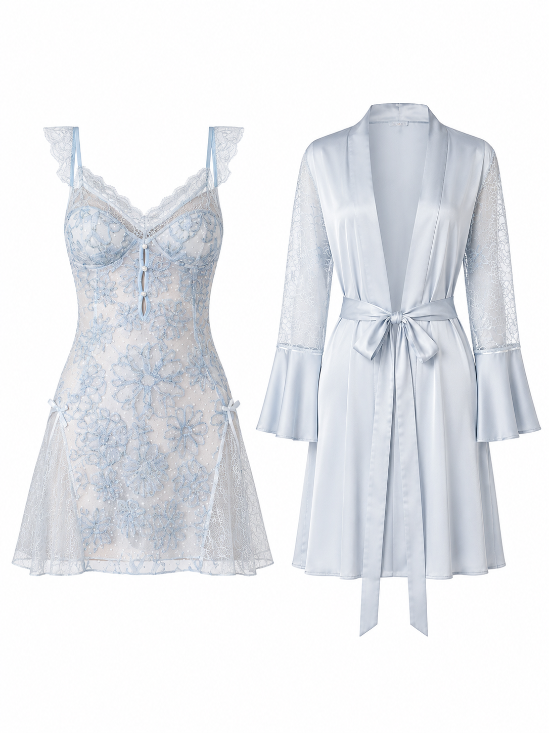 Soft Noir powder blue embroidered lace chemise and matching satin robe set on white background