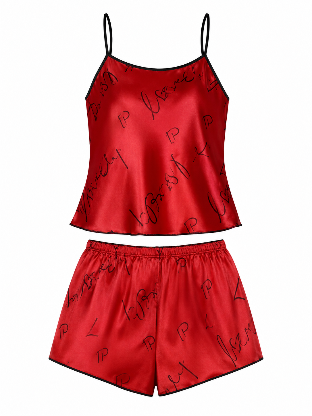 Red satin cami and shorts pajama set with black script print on white background