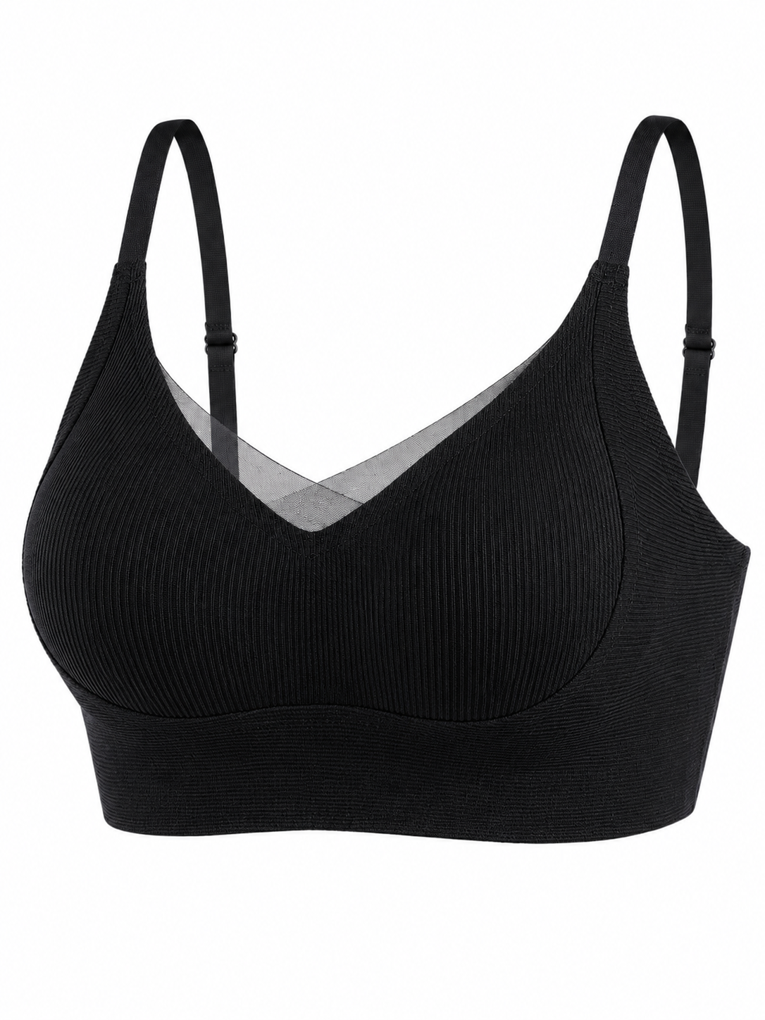 Soft Noir black ribbed wireless comfort bra with sheer mesh neckline