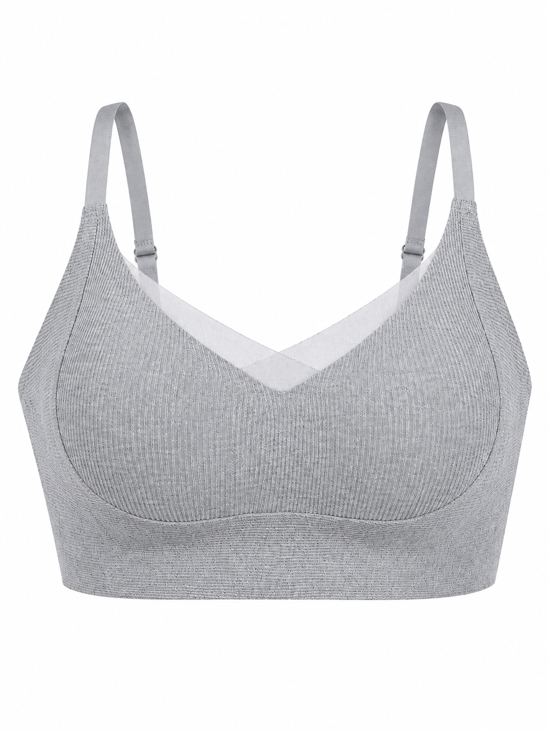 Soft Noir gray ribbed wireless comfort bra with sheer mesh neckline