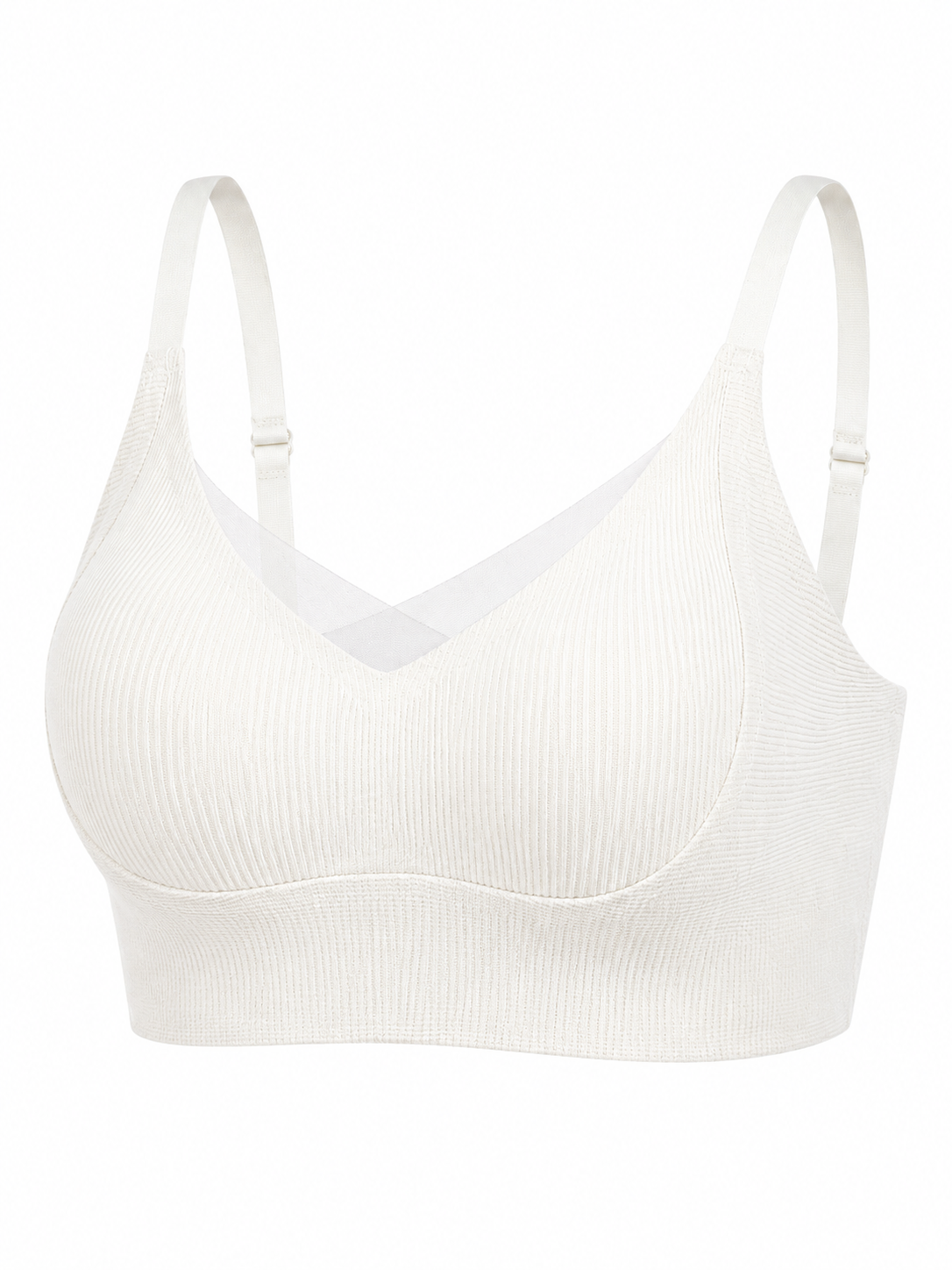Soft Noir ivory ribbed wireless comfort bra with sheer mesh neckline