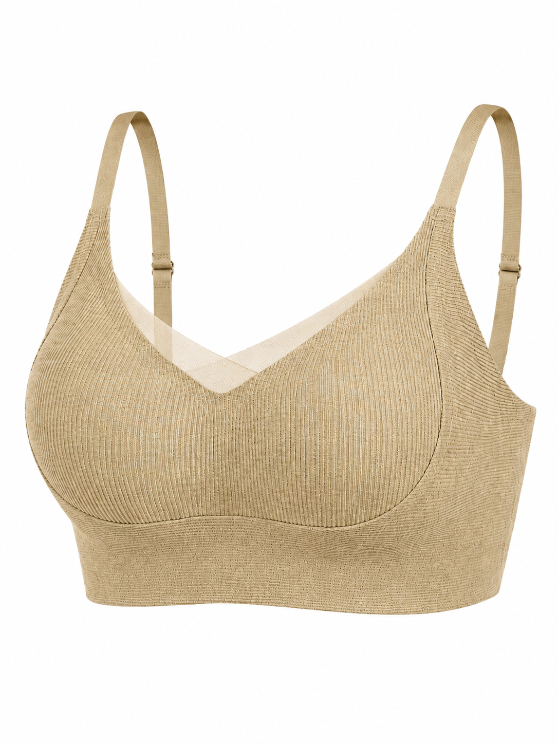 Soft Noir khaki ribbed wireless comfort bra with sheer mesh neckline