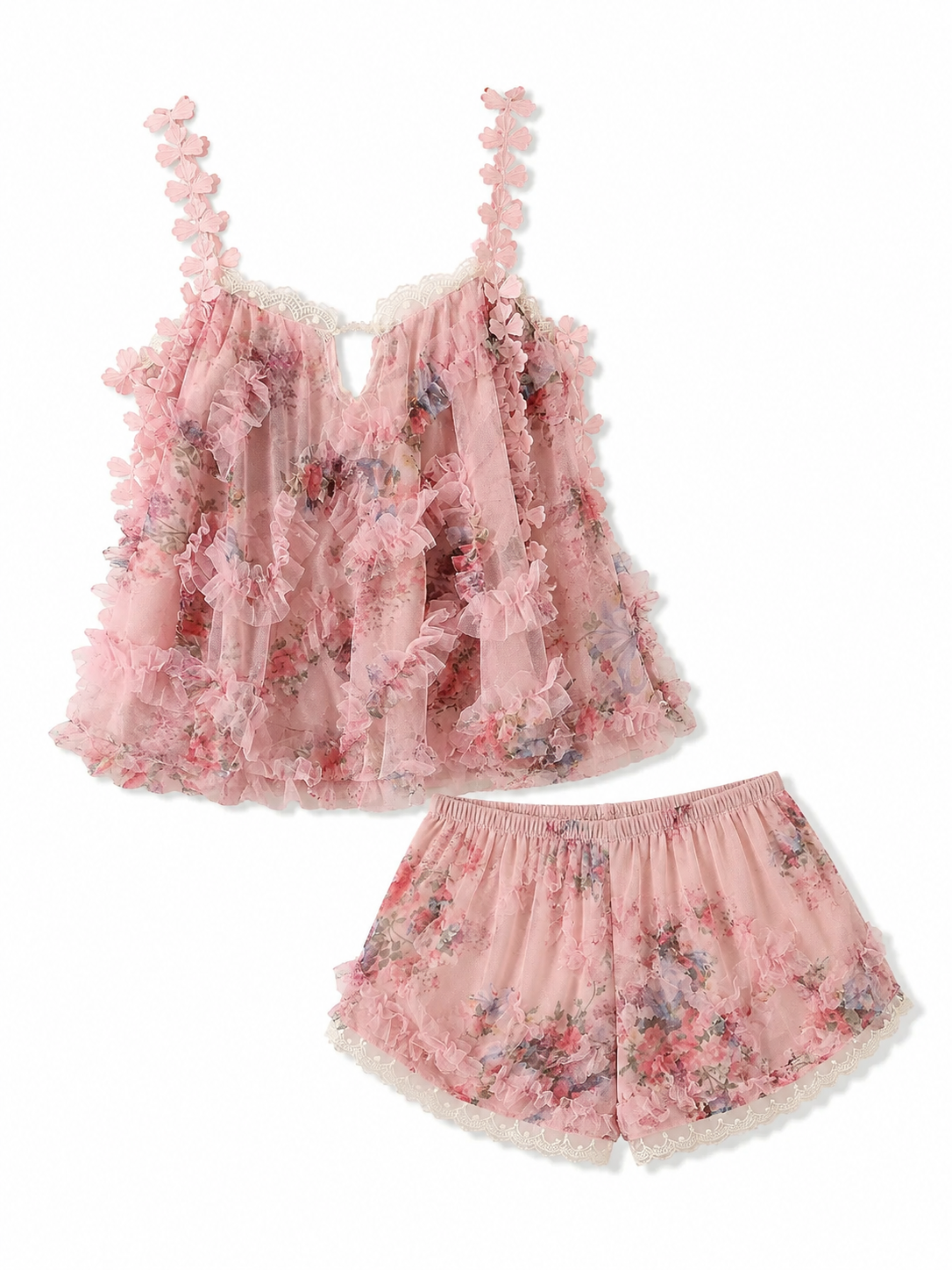 Soft Noir Rose Garden Ruffle Cami Pajama Set in rose floral product view