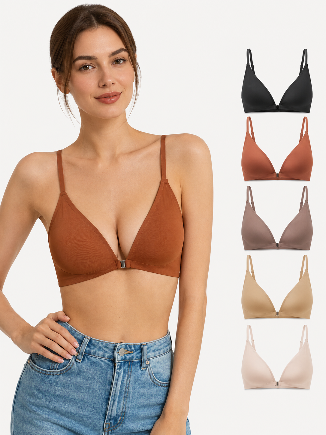 Model wearing Soft Noir rust brown front closure wireless seamless bra