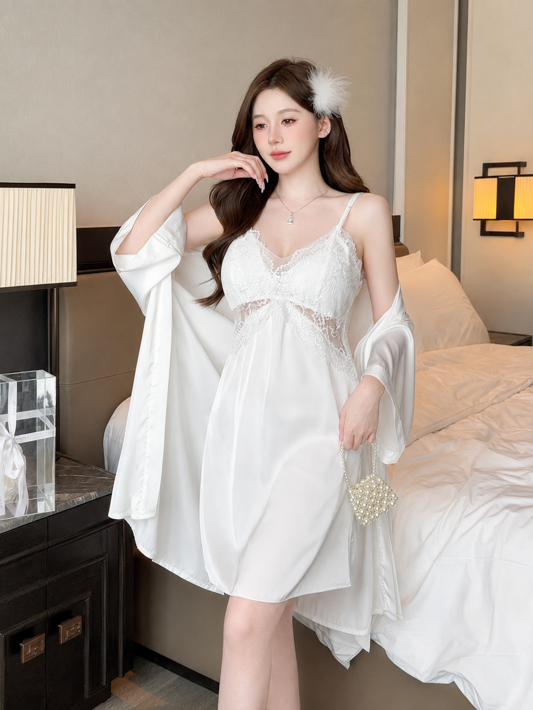 Soft Noir Satin Lace Robe and Chemise Set in ivory model view