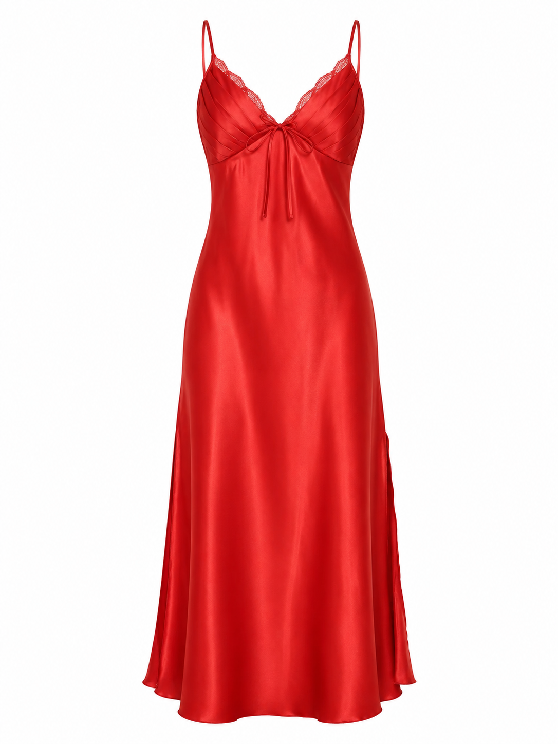 Scarlet red lace trim satin slip nightgown with front bow detail