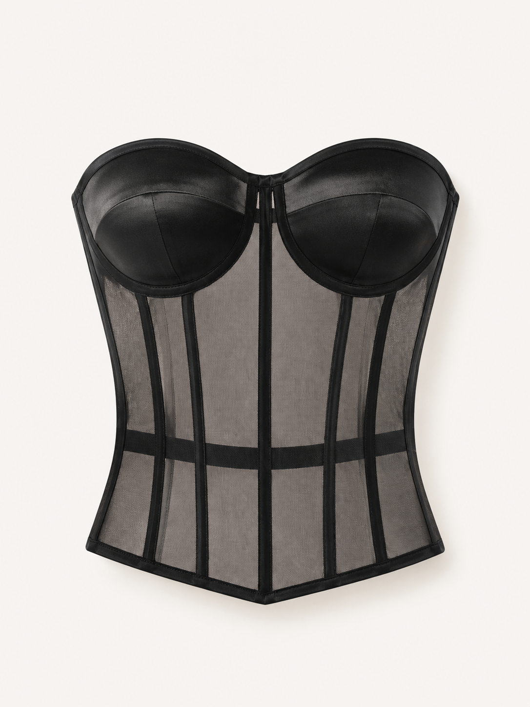 Soft Noir Sheer Boned Strapless Corset Top in black for refined lingerie styling