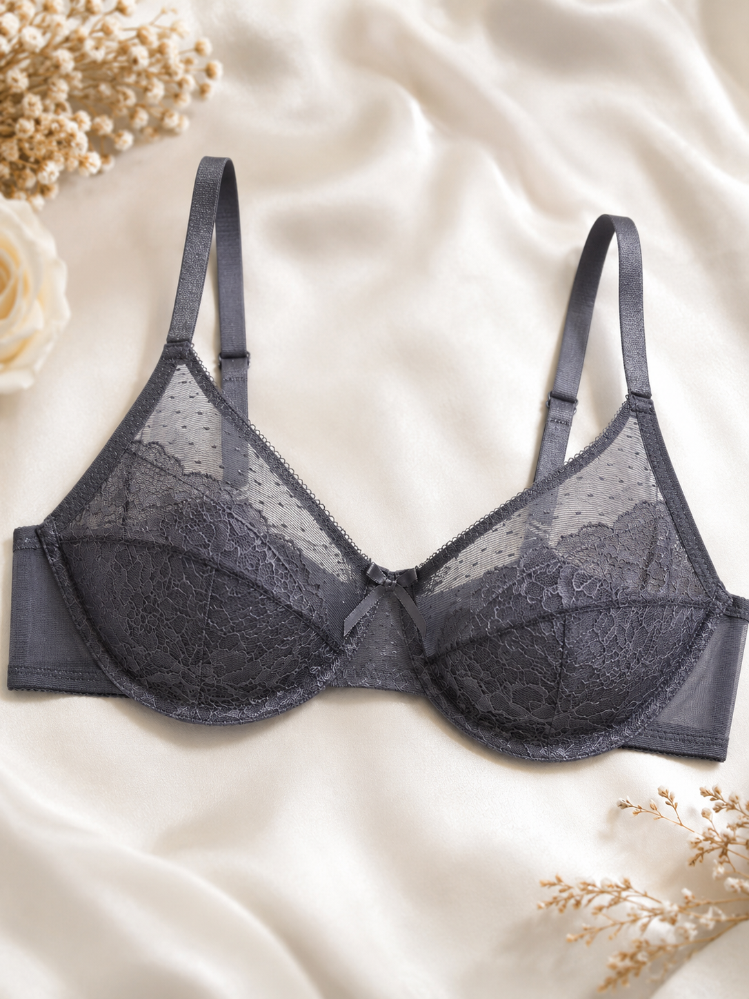 Smoke grey floral lace underwire bra styled on soft satin fabric