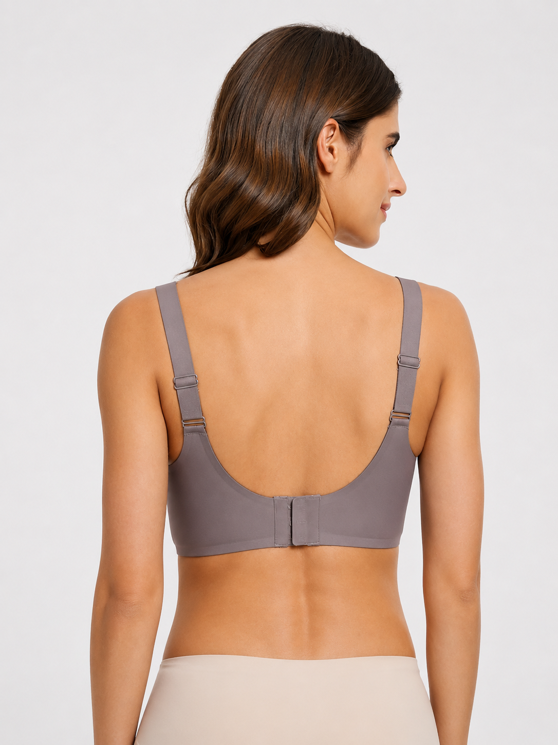 Back view of Soft Noir taupe gray wireless seamless bra with adjustable straps