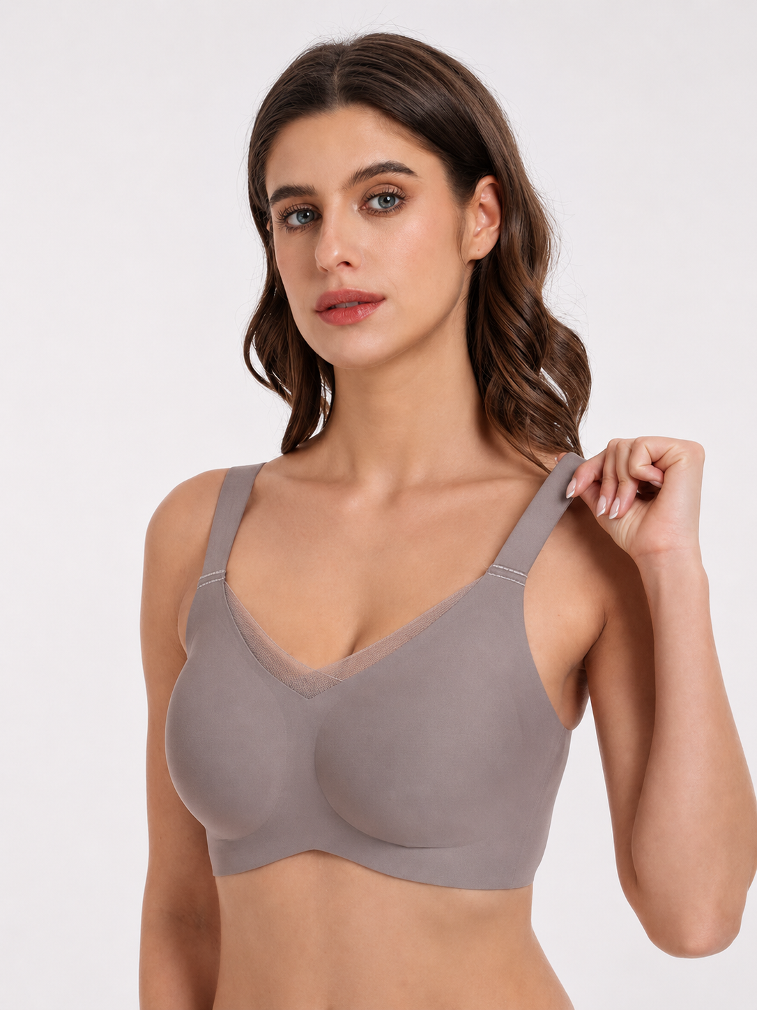 Model wearing Soft Noir taupe gray wireless seamless support bra
