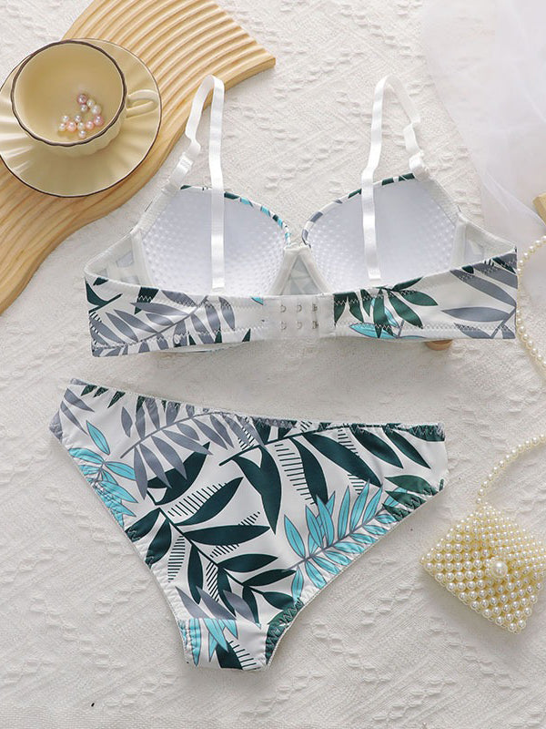 Soft Noir tropical leaf print two piece swimsuit back view with matching bottom