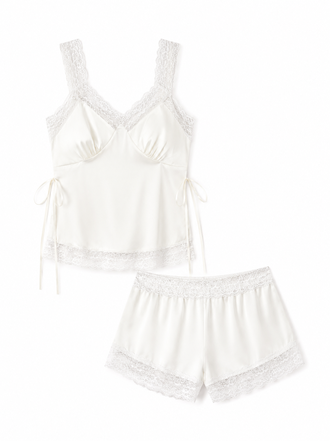 White lace cami and shorts pajama set on white background