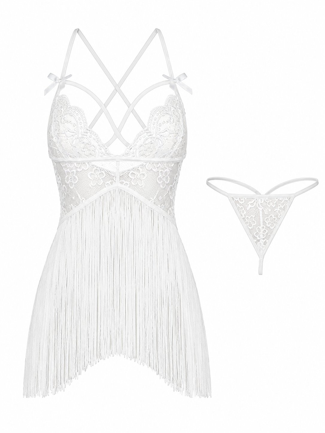 Soft Noir white lace fringe babydoll lingerie set with matching thong on white background