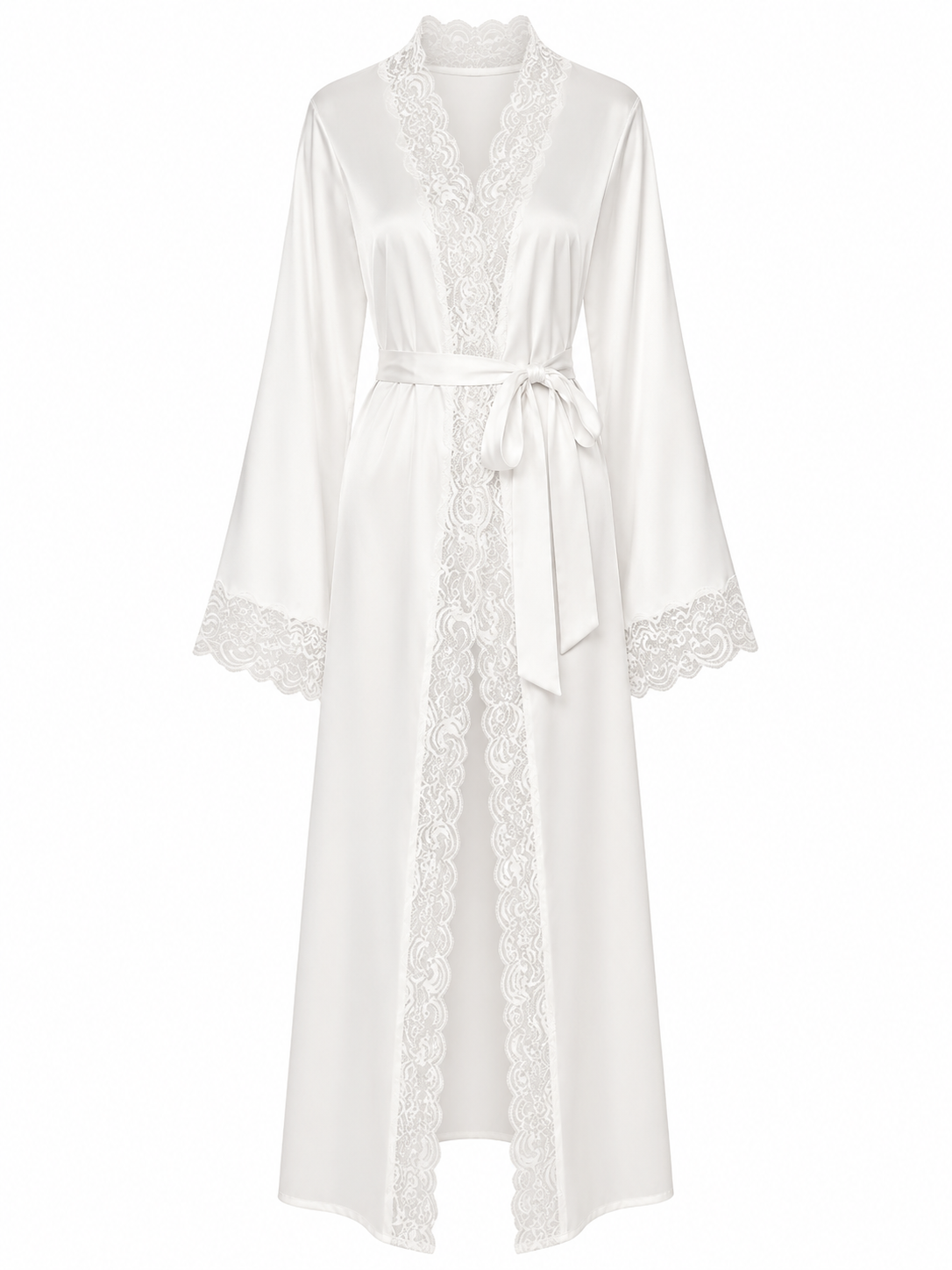 Soft Noir white satin lace long robe with lace trim on white background