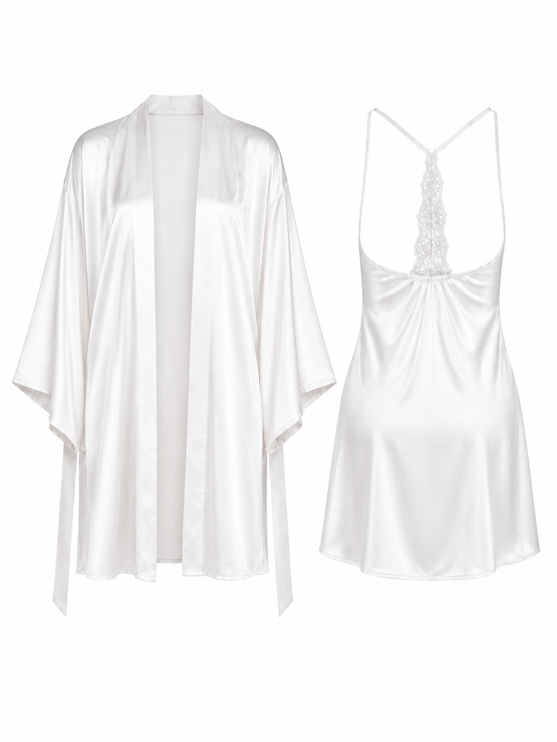 Soft Noir white satin slip nightdress and matching robe set back view